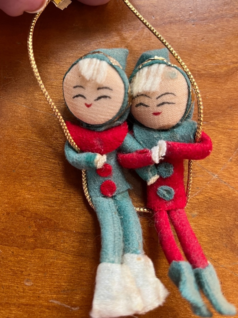 Shiny Brite Vintage 1950’s Felt Elves Knee Hugger Ornament. Made in Japan